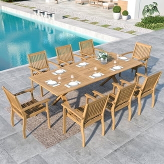 9-Piece Wood Patio Dining Set with Slatted Top and Umbrella Hole