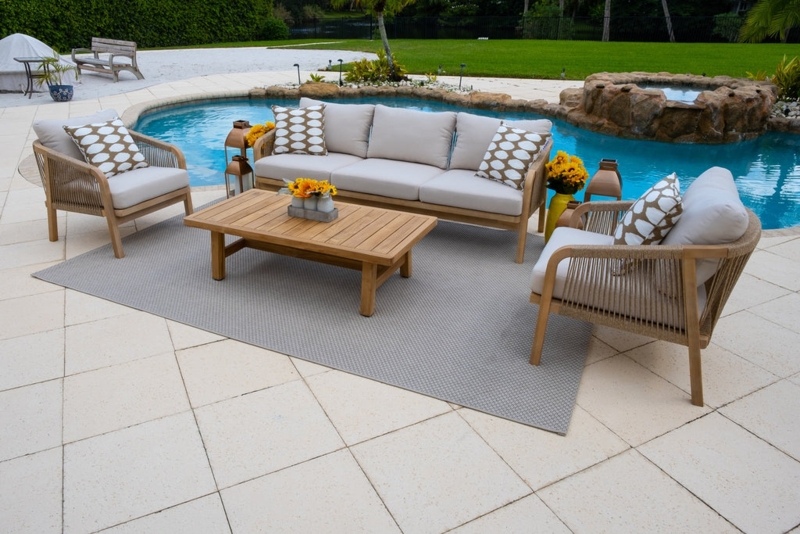 Acacia Wood Outdoor Sofa Group Slatted Frame Square Arms Gray Cushions