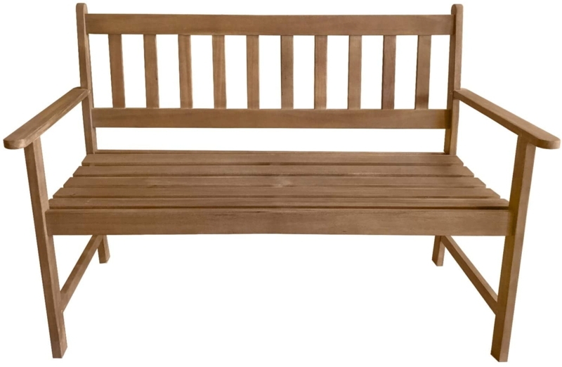 Acacia Wood Patio Bench. Slatted back, curved arms, natural finish.