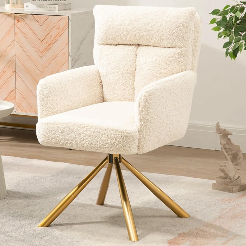 Accent Chair Cream Boucle Polished Gold Tapered Legs Swivel