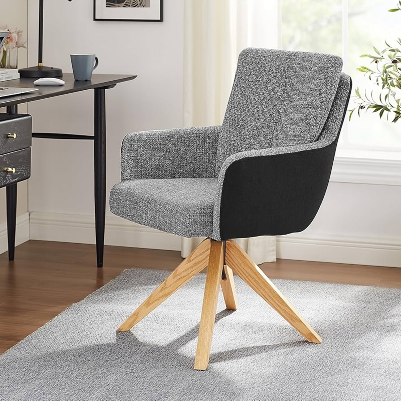 Accent Chair Sloping Arms Heathered Weave Light Oak Swivel Base