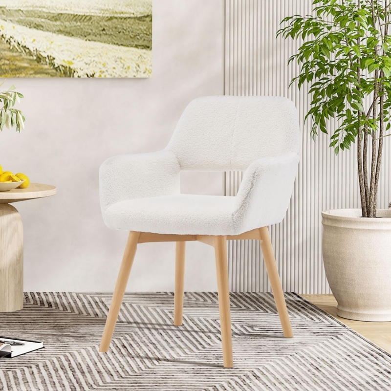 Accent Chair White Textured Fabric Splayed Wood Legs Curved Mid Century