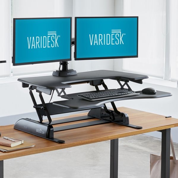 Adjustable Black Desk Converter Setup, Manual Lever with Dual Monitor Riser