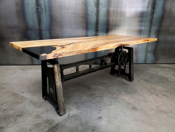 Adjustable Height Desk: Black Metal Crank Base & Wood Slab