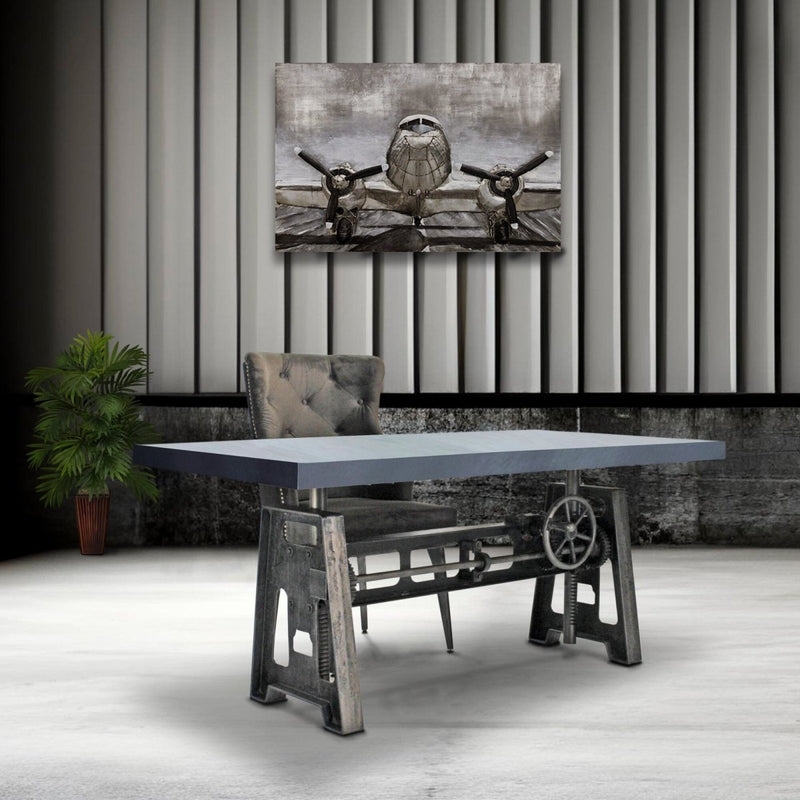 Adjustable Height Iron Base Desk, Weathered Gray Top, Industrial Crank