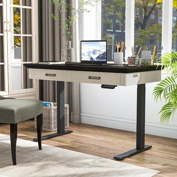 Adjustable Standing Desk with Two Drawers and Cream White Base