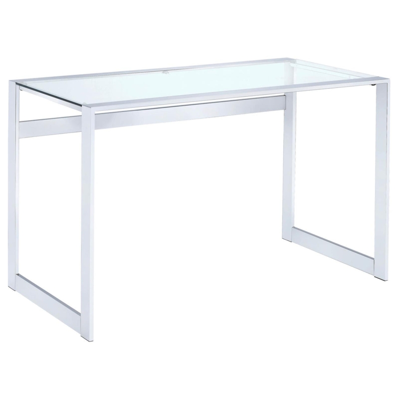 Airy Glass Top Writing Desk with Chrome Sawhorse Trestle Legs
