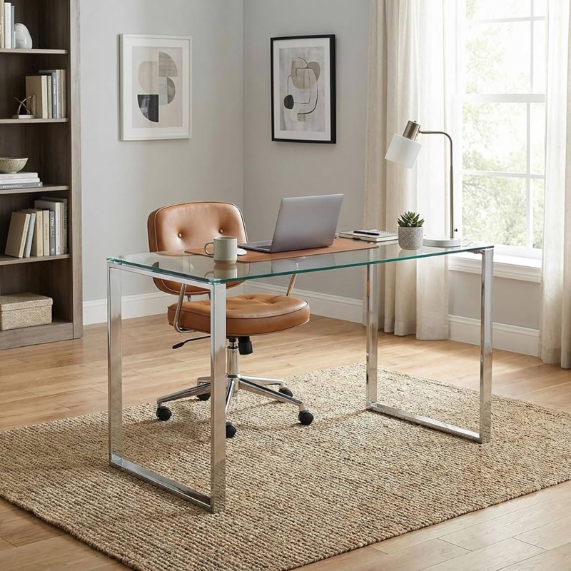 Airy Writing Desk with Stainless Steel X-Frame and Transparent Glass Top