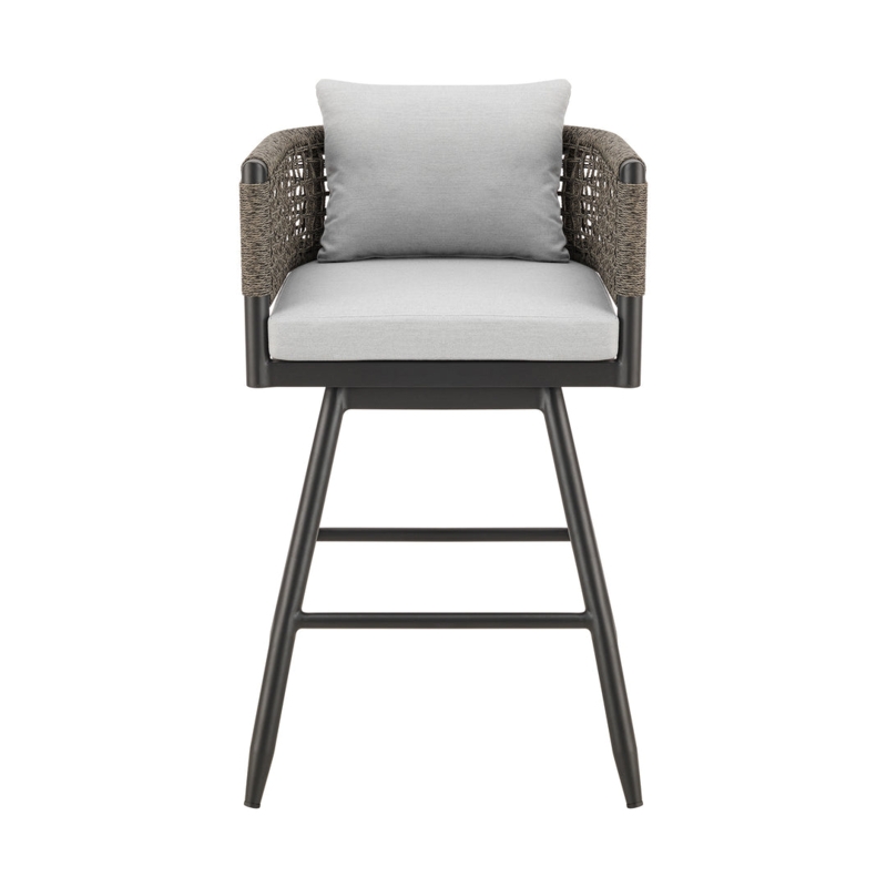 Alegria Outdoor Patio Swivel Counter Stool in Aluminum with Gray Rope and  Light Gray Cushions  Armen Living