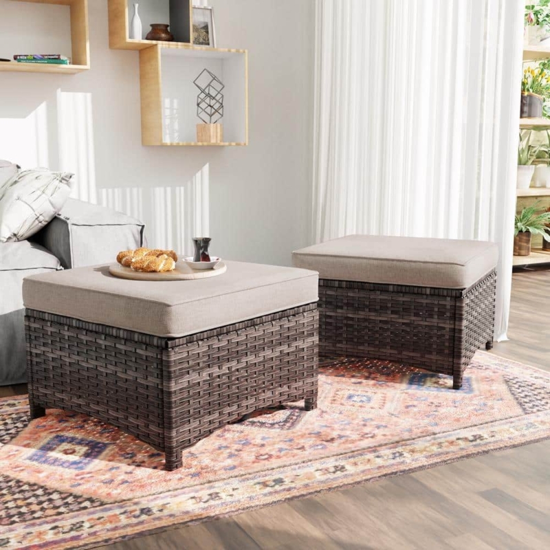 All-Weather Design Wicker Ottoman Set with Thick Beige Cushions for Deck
