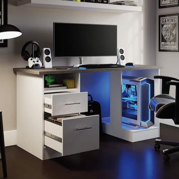 All-White L-Shaped Gaming Desk with Raised Monitor Shelf