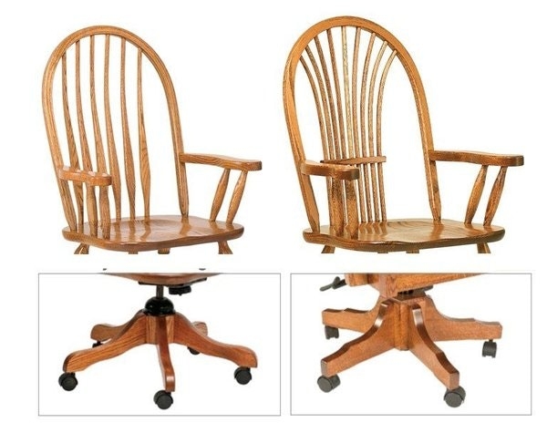 All Wood Office Chair Contoured Seat Slatted Back Traditional Swivel