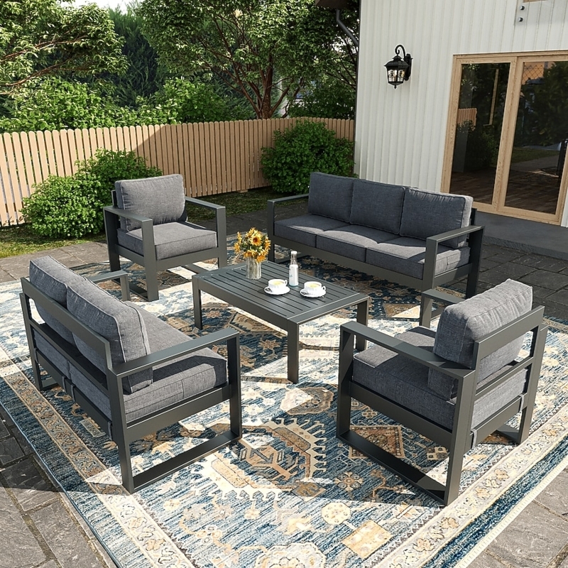 Aluminum Patio Conversation Set with Wood-Toned Slatted Tables