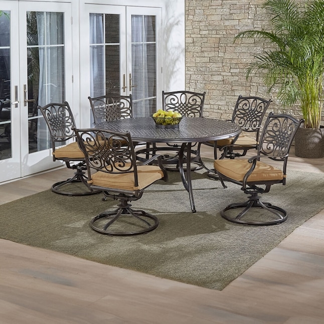 Aluminum Patio Dining Set, Round Bronze Swivel Rocker Chairs, Lattice Top.
