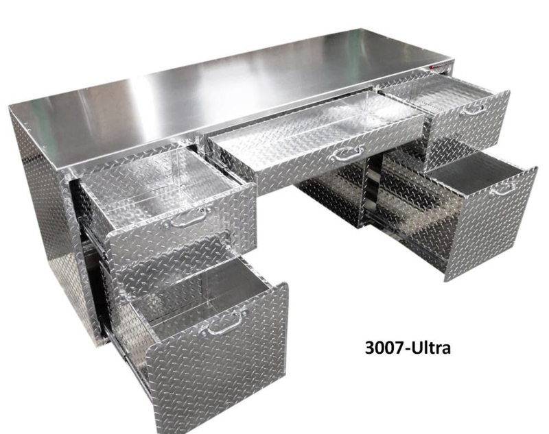 Aluminum Shop Desk with Four Drawer Pedestal and Brushed Metallic Finish