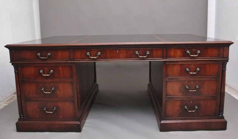 Antique Pedestal Desk with Leather Inset Top and Carved Corbels