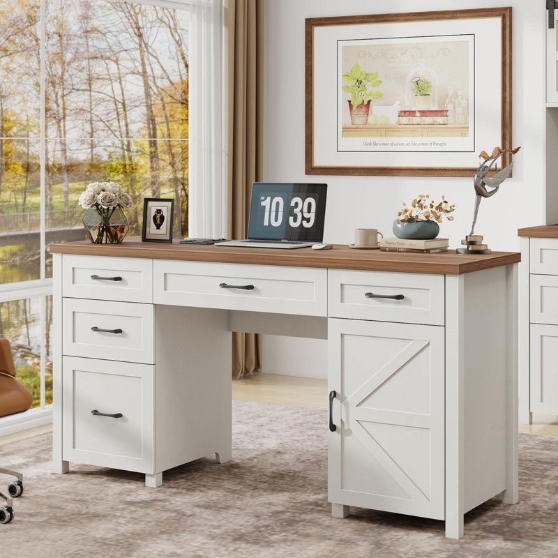 Antique White Computer Desk with Five Drawers