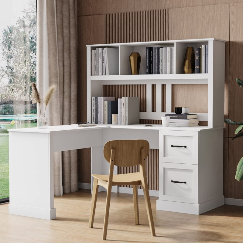 Antiqued White L-Shaped Desk with Built-In Hutch & Shelving.