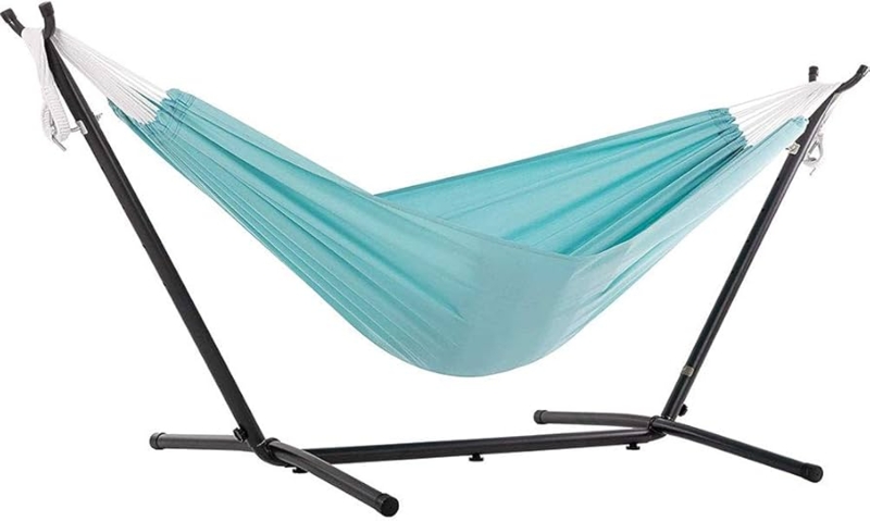 Aqua and Navy Striped Hammock with Stand and Pillows Coastal
