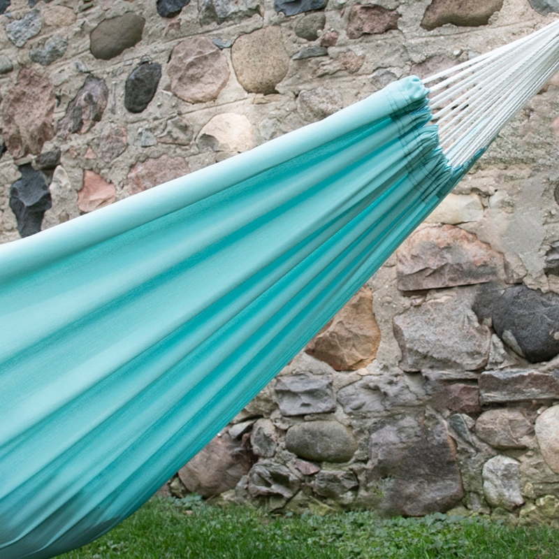 Aqua Brazilian Style Fabric Hammock with Intricate Rope Detailing