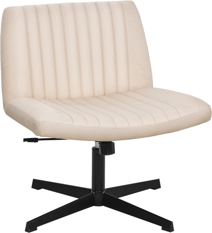 Armless Boucle Swivel Chair Wide Seat Cream Adjustable