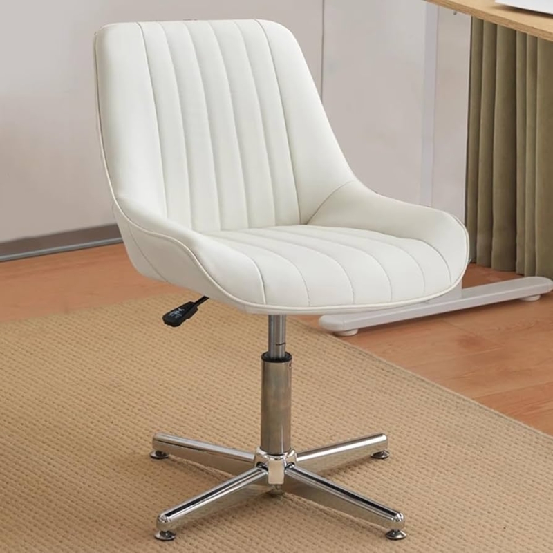 Armless Desk Chair: White Wide Seat, Cross Legged Base