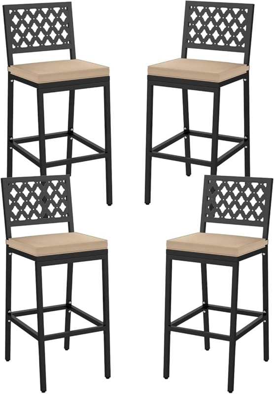 Armless Metal Patio Barstools, Slatted Back, Poolside Styling, Cushions