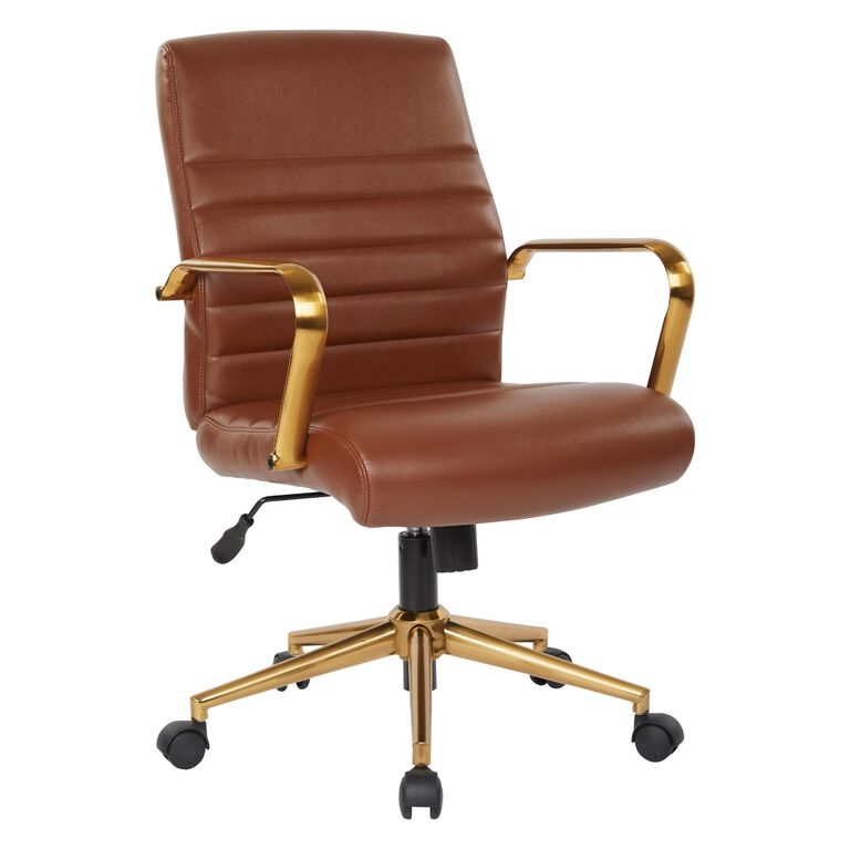 Armless Office Chair Cognac Channel Stitching Mid-Century Style