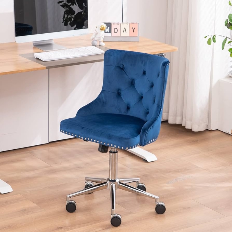 Armless Swivel Desk Chair, Navy Blue Velvet Channel Tufted