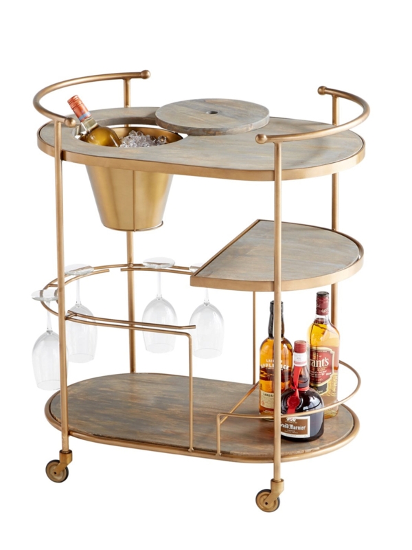 Art Deco Round Bar Cart with Antique Brass Finish and Glass Shelves