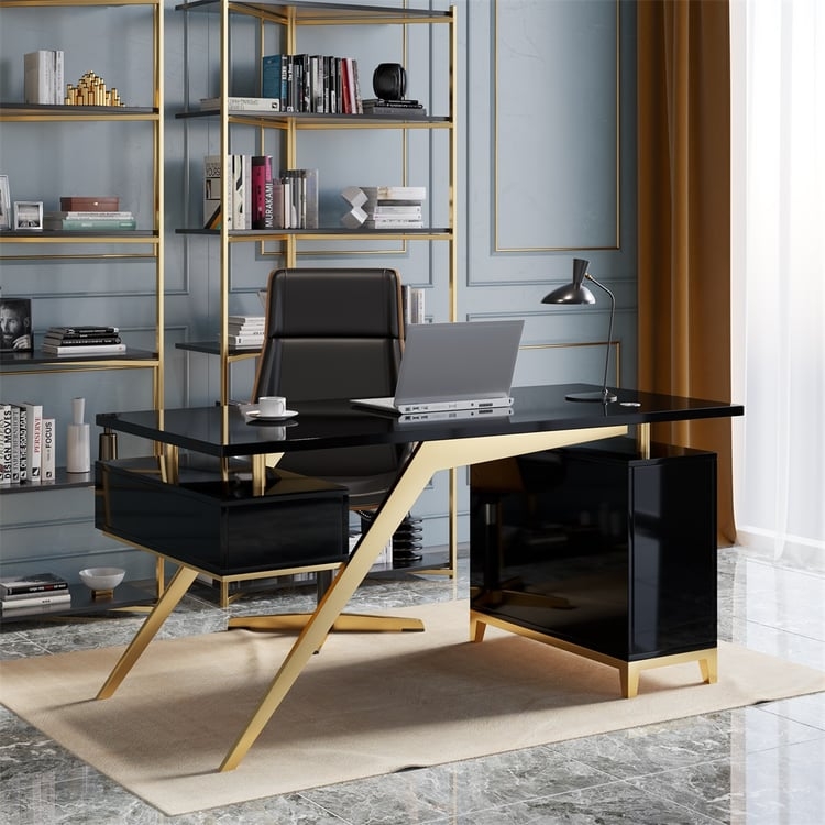 Asymmetrical Writing Desk with Black Storage Pedestal and Gold Legs