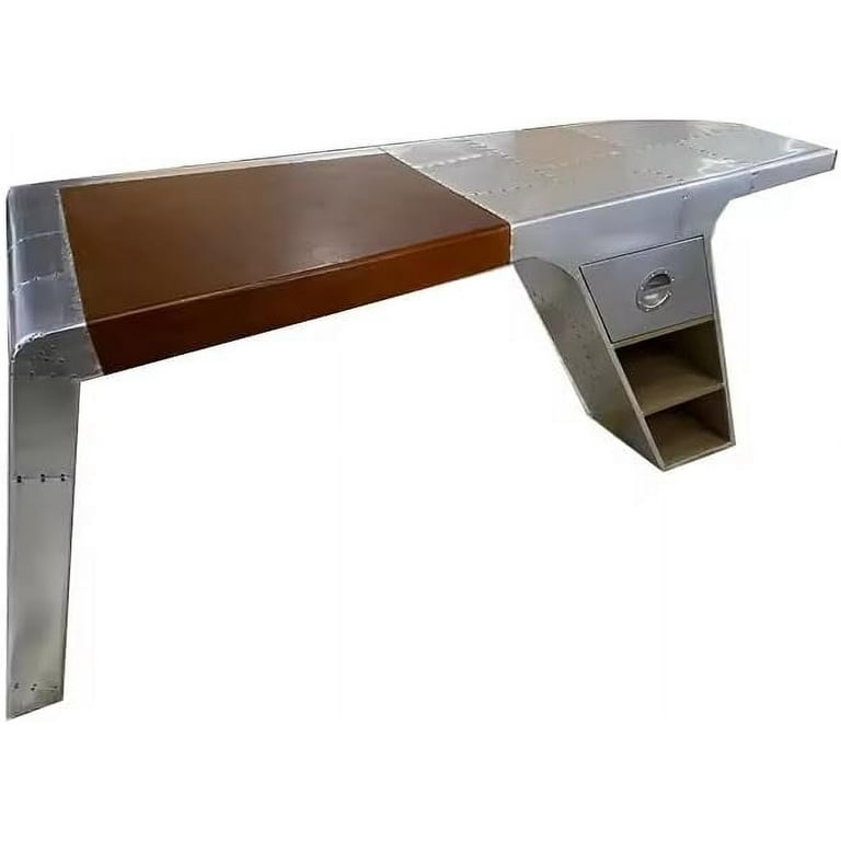 Aviator Desk with Polished Metal, Rivet Details, and Side Drawers