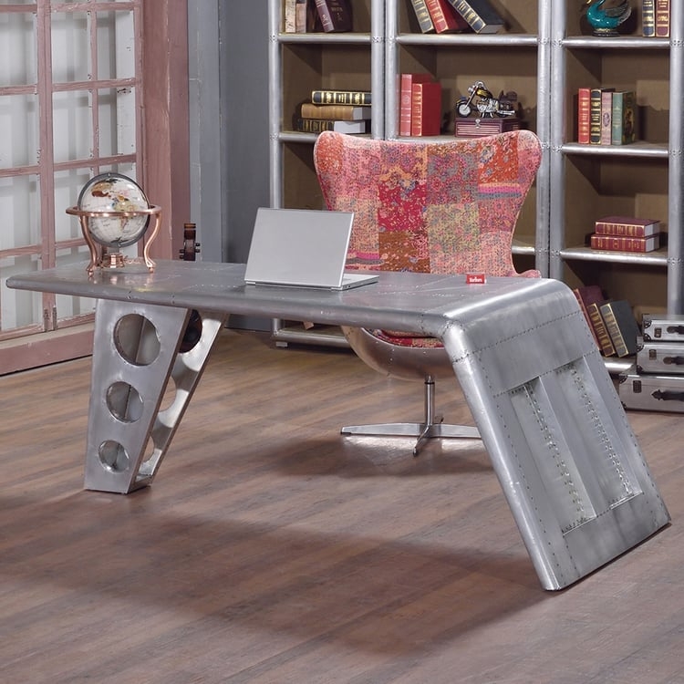 Aviator Office Desk with Aluminum Cladding, Wing Profile, and Rivet Details