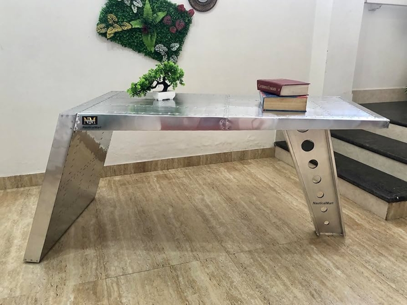Aviator Wing Desk with Riveted Metal Construction and Pedestal Base