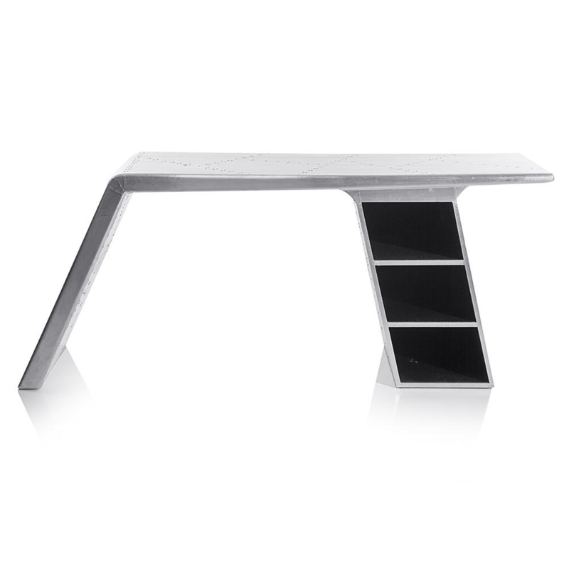 Aviator Writing Desk with Hammered Aluminum Panels and Wing Shaped Top