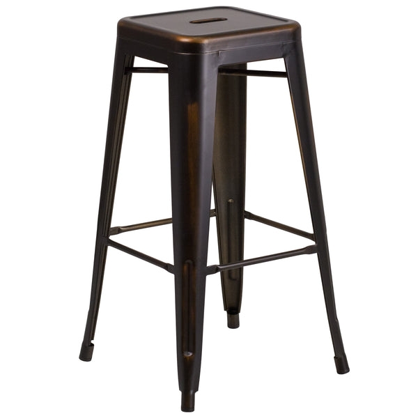 Backless Bar Stool with Distressed White Finish and Metal Frame