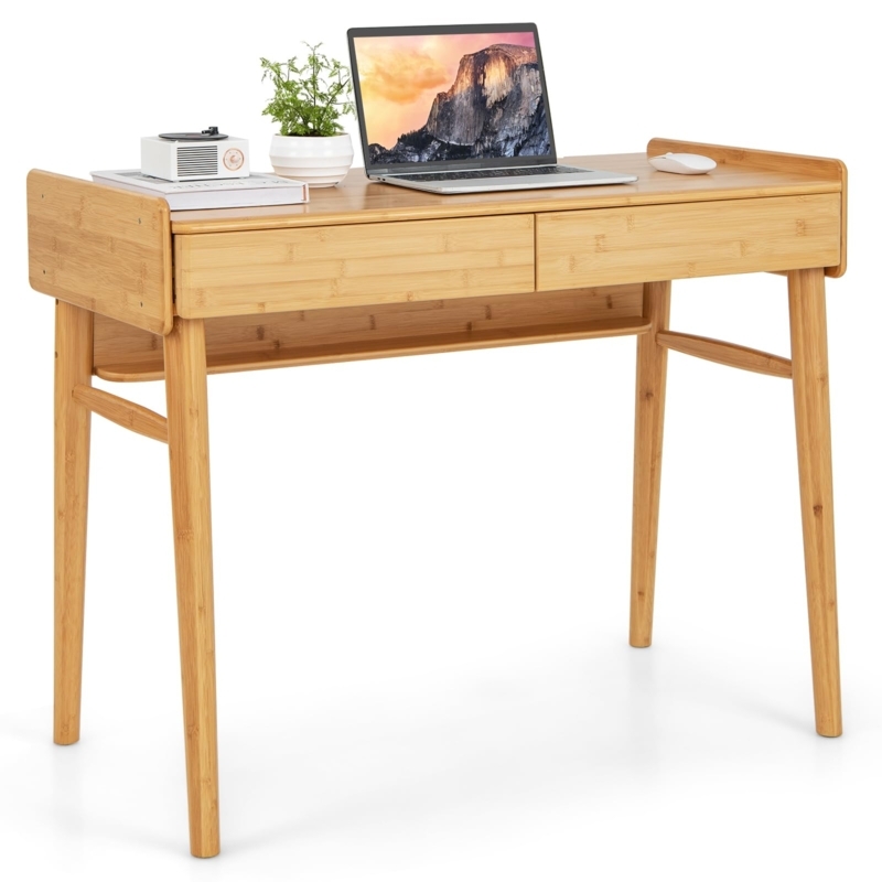 Bamboo Writing Desk with Raised Shelf and Drawers