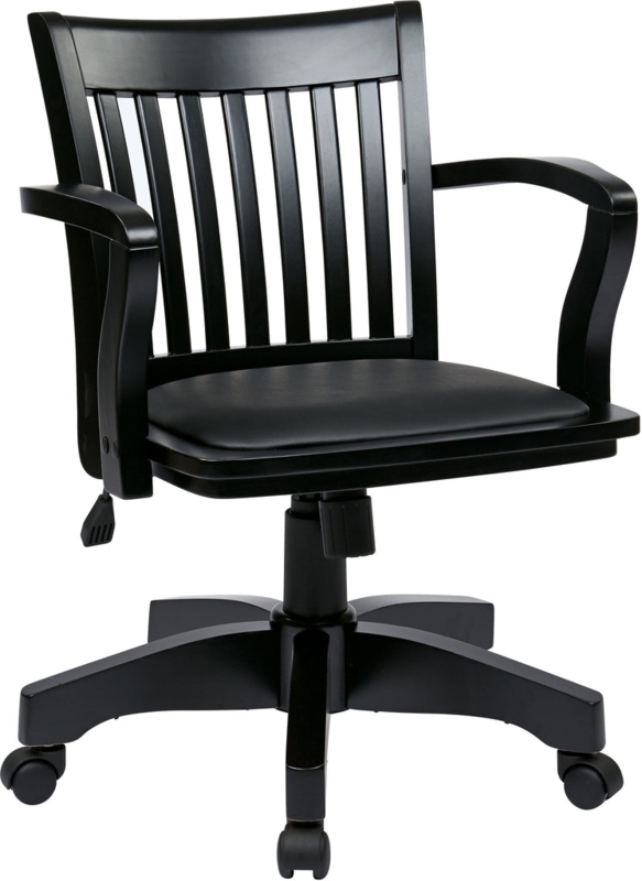 Banker's Chair Black Wood Slatted Back Traditional Swivel Office