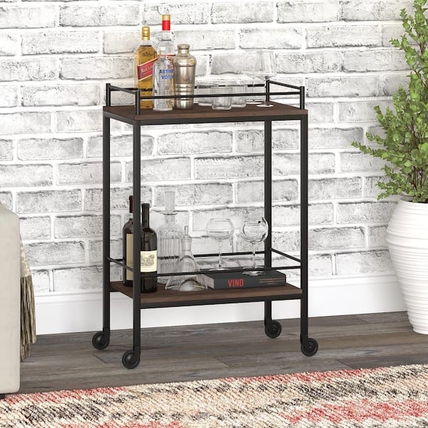Bar Cart Alder Brown Finish Slim Profile Two Tier