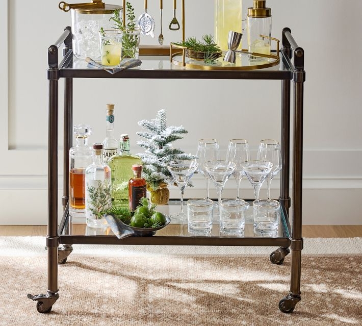 Bar Cart Antique Brass Finish Glass Shelving Two Tier Glam Trolley.