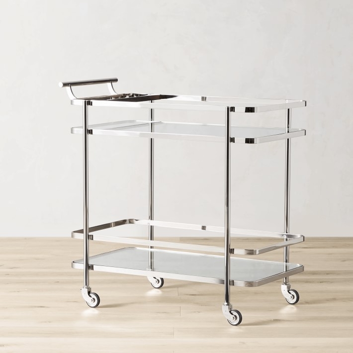 Bar Cart Antique Brass Finish Two Tier Glass Shelves Classic