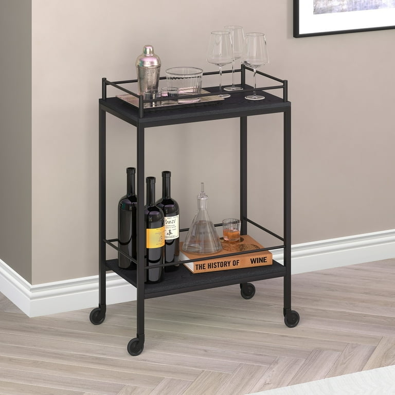 Bar Cart Antiqued Gray Oak Finish Wrap Around Rails Rustic Style