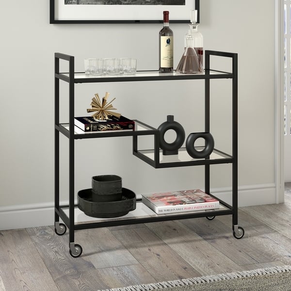 Bar Cart Black Metal Frame Two Tier Glass Minimalist Style