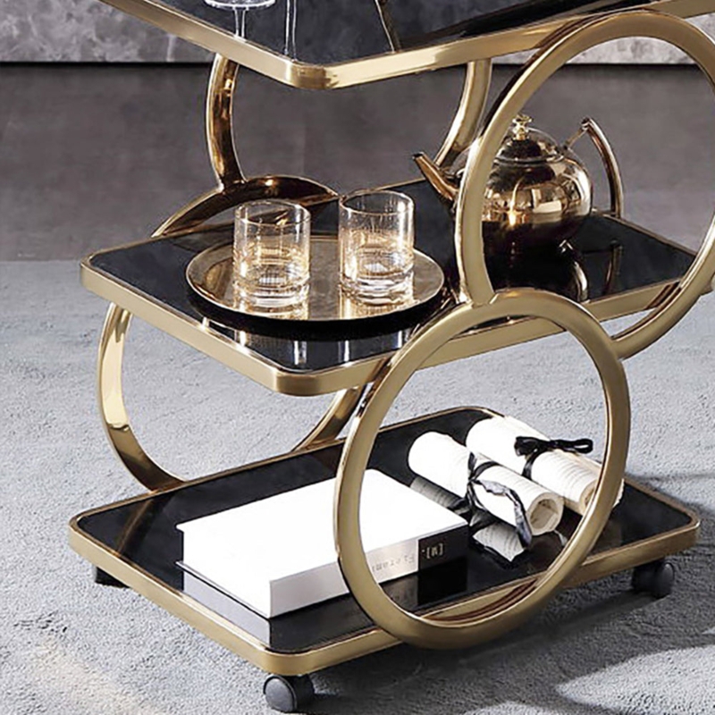 Bar Cart Brushed Gold Shelves Black Frame Hanging Glass Rack Glam Style