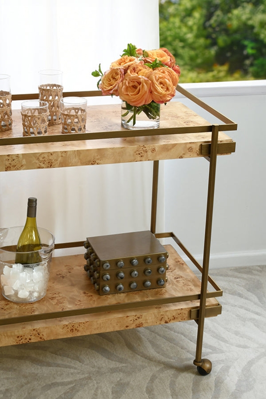 Bar Cart Burl Wood Shelves Antique Brass Frame Three Tier Styling