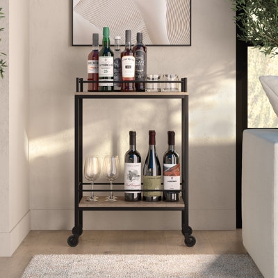 Bar Cart Circular Frame Two Tier Guardrails Wood Toned Metal