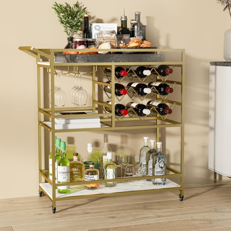 Bar Cart Circular Gold Frame Glass Shelves Modern Glam Home Bar Setup