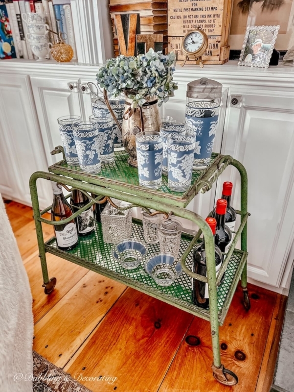 Bar Cart Dark Wood Turned Spindle Legs Seasonal Beverage Styling