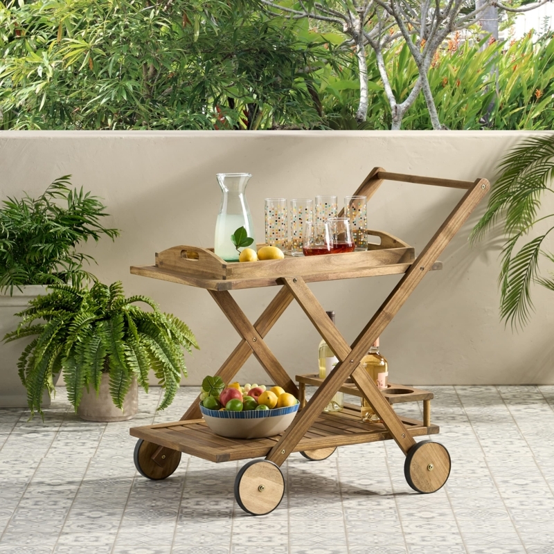Bar Cart Dual Handles Three Tier Wood Frame Organic Modern Styling