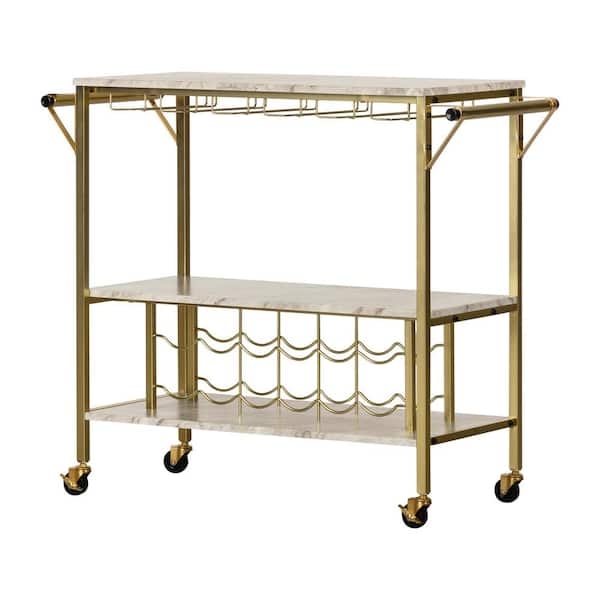 Bar Cart Faux Marble Shelves Gold Frame Wine Bottle Grid Glam Mobile
